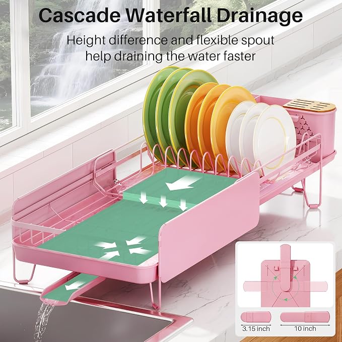SNTD Large Dish Drying Rack for Kitchen Counter, Expandable, Pink | Stainless Steel Dish Drainer, Adjustable Length 18.9''-29.3'', Automatic Drainage, 360° Spout, Cutlery Holder with Knife Slot