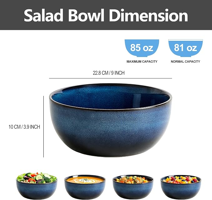 9 Inch Large Salad Bowls Set of 2, 83 Oz Porcelain Serving Bowl for Salad Soup Pasta Popcorn, Ceramic Decorative Bowls Fruit Bowl for Home Decor, Microwave,Oven,and Dishwasher Safe