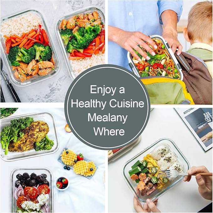 VERONES 10 PACK 22 OZ Glass Meal Prep Containers Set with Lids, Grey | Airtight Glass Lunch Containers Set, Glass Food Storage Containers, for Microwave, Oven, Freezer & Dishwasher Friendly