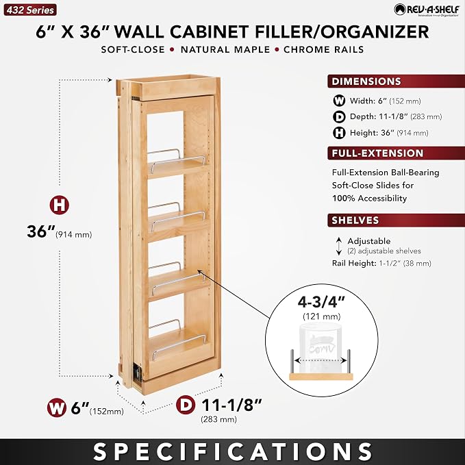 Rev-A-Shelf Kitchen Cabinet Pullout Wall Filler Wooden Organizer Slide Out Pantry Storage w/Soft-Close in Multiple Sizes, 6 x 36 in, 432-WFBBSC36-6C
