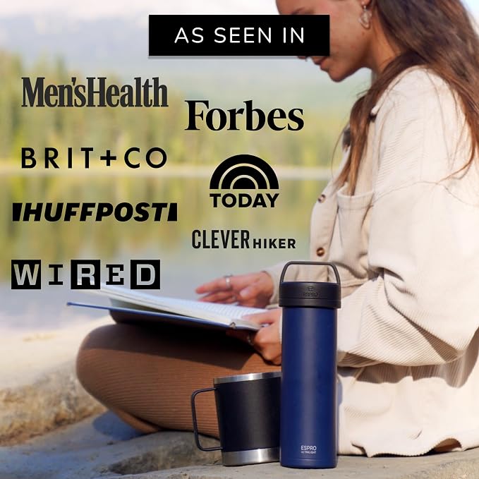 ESPRO Go P0 Ultralight French Press Coffee Maker for Travel, Vacuum Insulated Stainless Steel, 16 Ounces, Aegean Blue