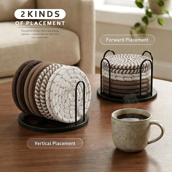 Lazebox Coasters Set of 8 for Drinks, 4 Inch Large Coasters for Coffee Table, Tabletop Protection for Hot & Cold Drinks, Versatile Coasters for Home Decor, Non-Slip & Easy to Clean, Brown