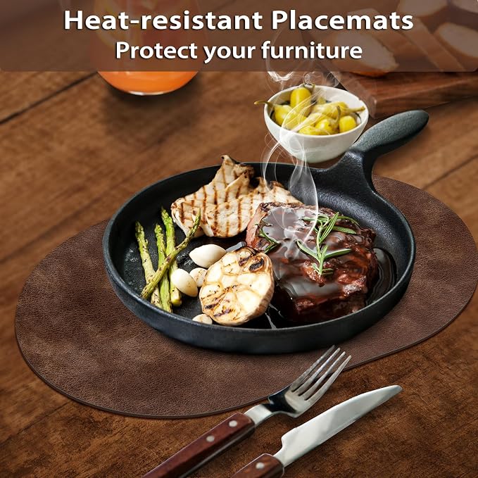 ADRIMER Placemats, Heat Resistant Oval Placemats Set of 12 Washable 12 x 17 Inch, Waterproof Table Mats, Wipeable Pu Place Mats for Kitchen, Dining Room, Brown