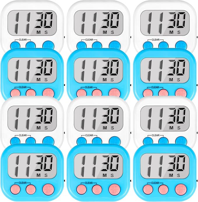 Timer for Kids Digital Kitchen Timers for Cooking- 12 Pack Blue White | Countdown Timer for Classroom Study Exercise Teacher Supplies, Strong Magnetic, Loud Alarm, Large Screen, Fast Reset, Memory