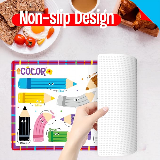 6 Pack Placemats for Kids, Non-Slip Washable, Reusable Alphabet, Number, Shape, Color, America & World Map Themed Educational Placemats for Home, Kindergarten, Classroom, Nursery