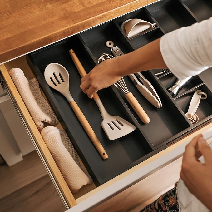 Utensil & Junk Drawer Organizer, 16-28 in, Black Bamboo | Food-safe contract grade, 100% sustainable wood, non-slip, adjustable