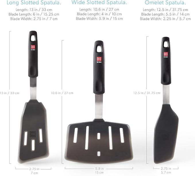 DI ORO Silicone Turner Spatula Set - 600F Heat Resistant, 6-Pc Black | Flexible flippers for eggs, pancakes, and crepes; Won't scratch nonstick pots and pans; BPA-free and dishwasher safe