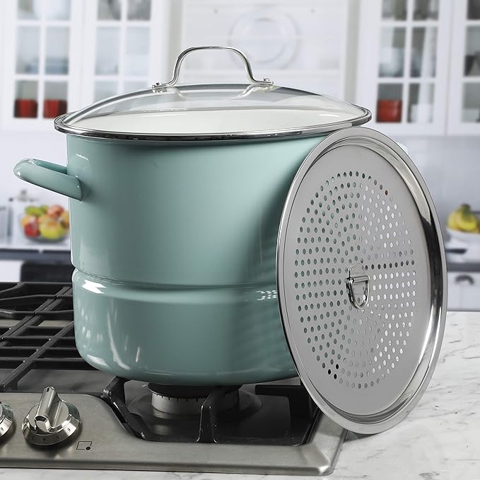 Kenmore Broadway 16-Quart Stock Pot With Steamer Insert and Lid, Glacier Blue, Large Stainless Steel Cookware for Boiling, Steaming, and Soups