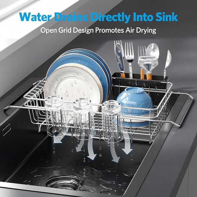 Delamu Over The Sink Dish Drying Rack for Small Kitchen | Expandable Stainless Steel Dish Rack in Sink, Dish Drainers for Kitchen Sink with Cup & Utensil Holder, Rustproof, Small