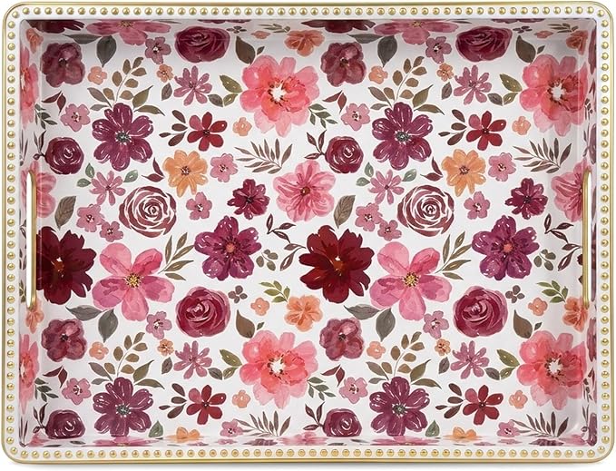 Rectangular Plastic Serving Tray with Handles, Burgundy Watercolor Floral Print with Gold Rim, Vintage Tray for Breakfast, Coffee, Tea, Home Decoration and Party, 15.7" x 11.8" x 1.57"
