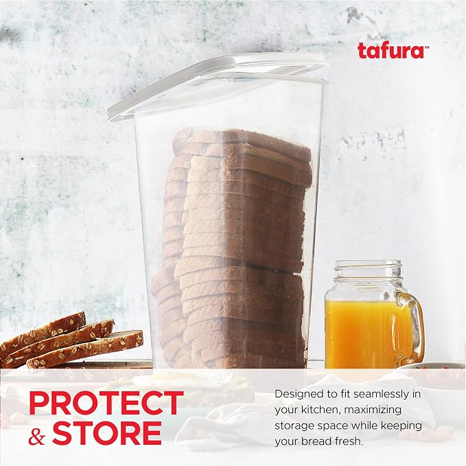 Tafura Bread ContaSilicone-sealed lid helps reduce air exposure to maintain texture and flavor for longer.iner, Airtight BPA-Free Bread Storage Box, White Lid