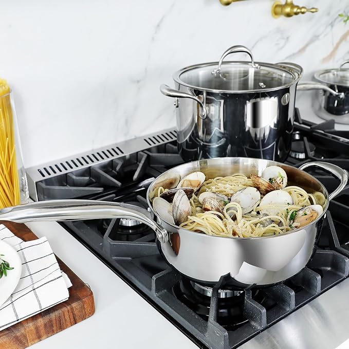 KEAWELL K3 Premium Tri-Ply Fully Clad Sauté Pan with Lid (4-Qt) | 4-Qt Tri-Ply Fully Clad Stainless Steel Sauté Pan; Compatible with All Stovetops; Oven Safe to 600°F