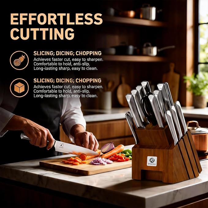 imarku 16PCS Stainless Steel Knife Set, Full Tang Design with Wooden Block | Knife Set With Block And Sharpener, High Carbon Stainless Steel Blades, Ergonomic Non-Slip Handles, Dishwasher Safe Design