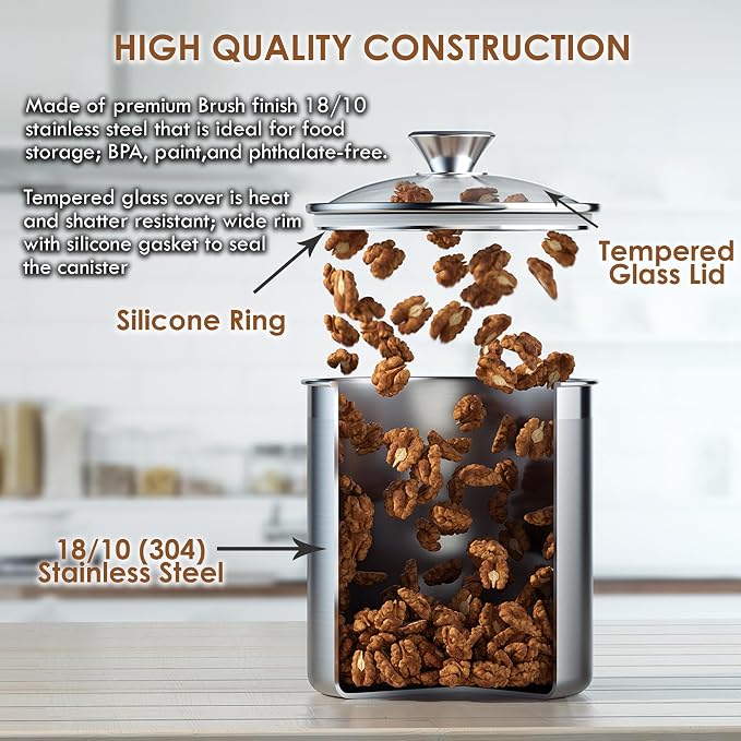 Cooks Standard Large Airtight Kitchen Canister Set for Coffee, Flour & Sugar Storage – 18/10 Stainless Steel Food Storage Containers with Glass Lid – Pantry Organization Jars, 4 Pack (5 Qt to 1.6 Qt)