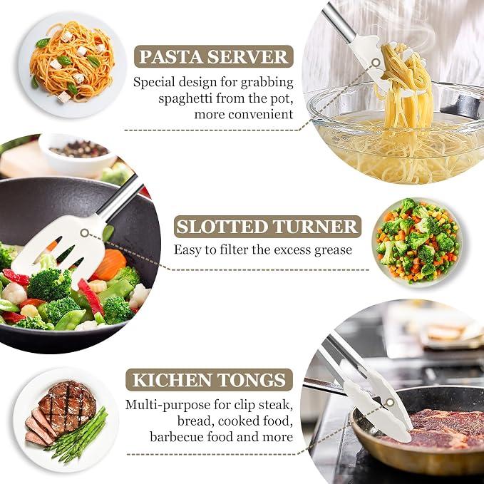 TeamFar Kitchen Utensils Set of 8, Silicone Utensils Kitchen Tools-White | Stainless Steel Handle, for Nonstick Cookware Cooking Stirring Turning, Food Grade & Heat Resistant, Dishwasher Safe - White