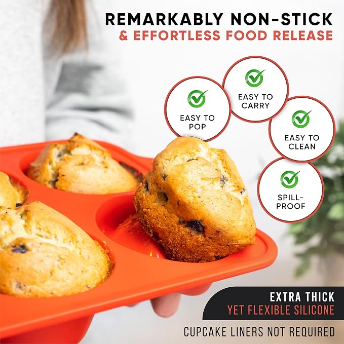 Silicone Jumbo Muffin Pan, 6 Cup Nonstick Cupcake Pan, BPA-Free | Metal Reinforced Silicone Jumbo Muffin Pans for Baking, Nonstick Silicone Cupcake Pan, Easy Release, Dishwasher Safe