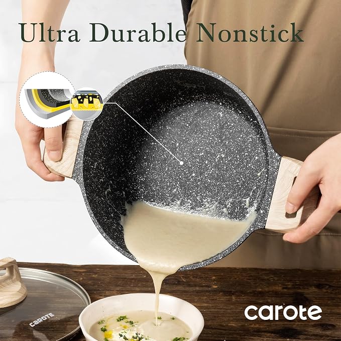 CAROTE Nonstick Stock Pot with Lid, 6 Quart Black Granite Casserole | Kitchen Cooker Compatible with All Stoves, Dishwasher Safe, Cookware for Boiling, Simmer, PFOA Free