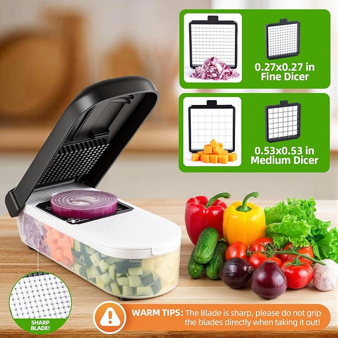 Vegetable Chopper with Container, 12 in 1 Manual Food Chopper Cutter, Black | Multifunctional Sharp Blades Slice, Dice, Shred & Grate for Onions, Salads, Fruit at Home Kitchen for Various Use