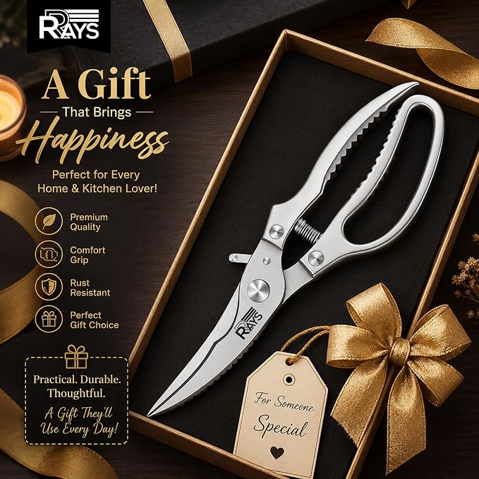 Heavy Duty Poultry Shears, Spring Loaded Kitchen Scissors for Chicken, Turkey, Meat & Fish, Stainless Steel Meat Scissors & Chicken Bone Cutter, Dishwasher Safe with Safety Lock & Gift Box