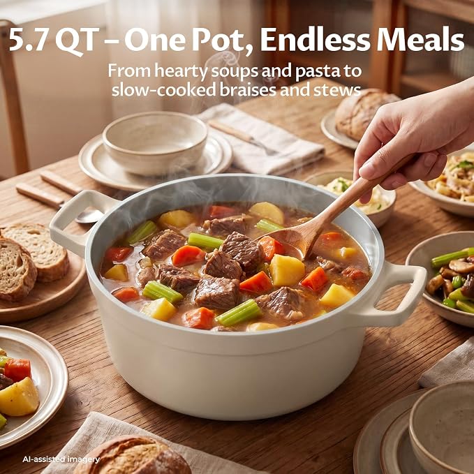 BEZIA 5.7 QT Lightweight Ceramic Nonstick Dutch Oven with Lid, Stock Pot | Versatile Cooking Pot for Soup, Family Stew & Braising, Oven Safe Casserole, Induction Ready, Easy to Clean, for 3-5 People