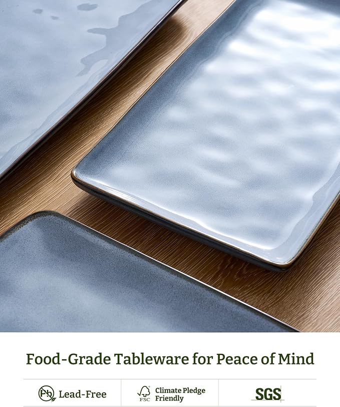 Famiware Serving Platters Set of 3 Sizes - Rectangular, Blue | 15.67"/14.1"/12.6" Fine Stoneware Serving Trays for Party, Entertaining for Food, Turkey, Cheese, Microwave Dishwasher Safe