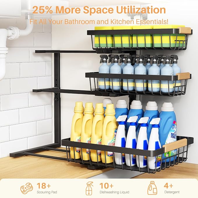 PXRACK Under Sink Organizer, 1-Pack 3-Tier Height Adjustable Thickened Metal Pull out Cabinet Organizer Shelf, Slide out Storage Drawer Rack for Bathroom Kitchen Pantry Home Organization, Black