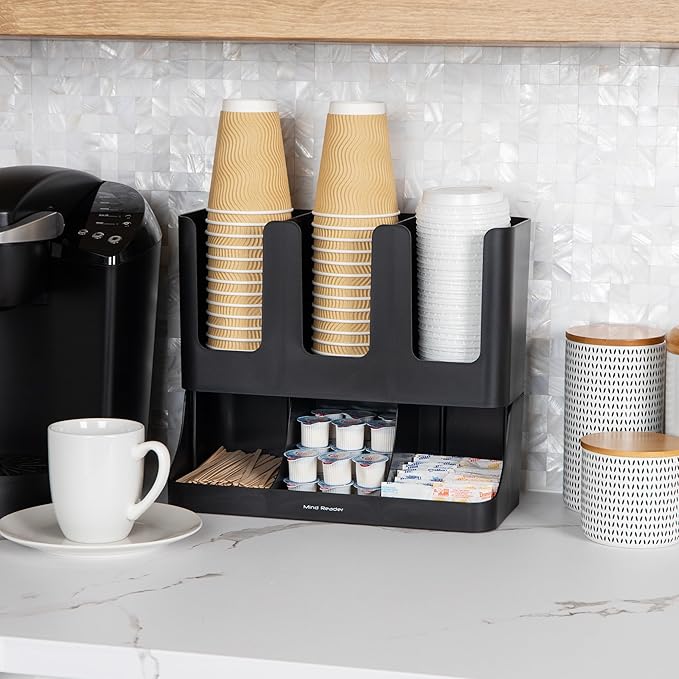 Mind Reader Condiment Station, 13 Inch Countertop Coffee Bar Organizer with 6 Compartments, Storage Caddy for Cups, Lids and Packets, Plastic, Black