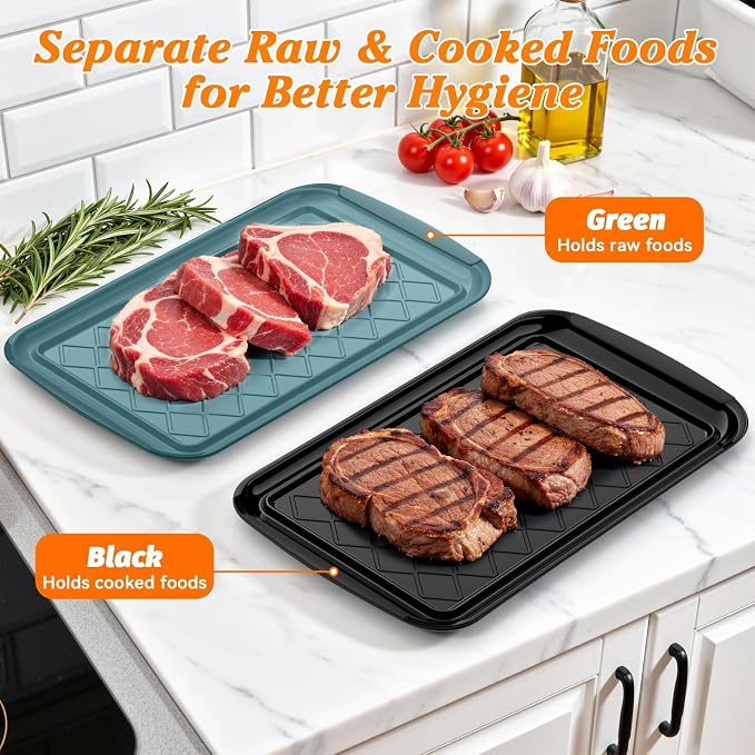 Grilling Prep & Serve Trays for Party Set of 6, Large BBQ Serving Platters | Dishwasher Safe Plastic Trays for Raw and Cooked Food 17"×10.5" Stackable Party Supplies for Grilling, Meal Prep, Green/Black