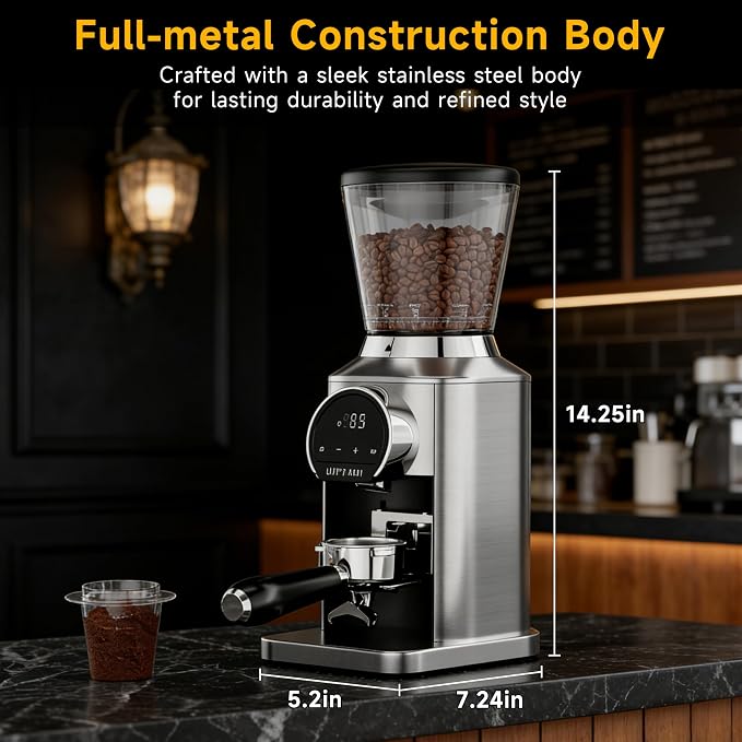 Conical Burr Coffee Grinder with 40mm Stainless Steel Burr, 34 Grind Settings & Anti-Static, Electric Espresso Grinder for Home Use –Perfect for Espresso, Drip Coffee, French Press & Cold Brew, Silver