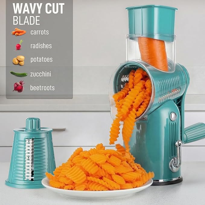 Zulay Kitchen Rotary Cheese Grater 5 Blade Cheese Shredder - Manual Hand Crank Cheese Grater With Reinforced Suction & 5 Interchangeable Drums - Easy to Use, Vegetable Chopper Round Mandoline Slicer