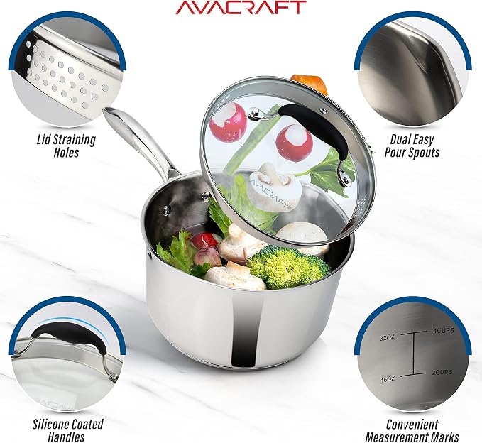 AVACRAFT 1.5 Quart Stainless Steel Saucepan with Glass Strainer Lid | 18/10 Stainless Steel, 5-Layer Capsule Base, Pour Spouts, Ergonomic Handle, Induction Compatible, Oven Safe, Dishwasher Safe