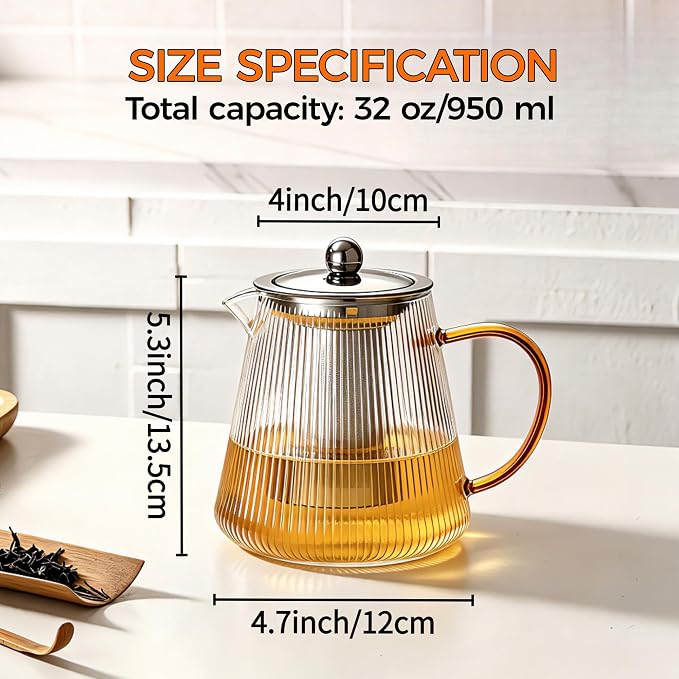 Glass Teapot with Removable Infuser, 32 oz (950 ml) | Borosilicate Glass Tea Pot for Loose Leaf Tea Steeper, Blooming Tea Maker and Brewer, Ideal Gift for Tea Lovers
