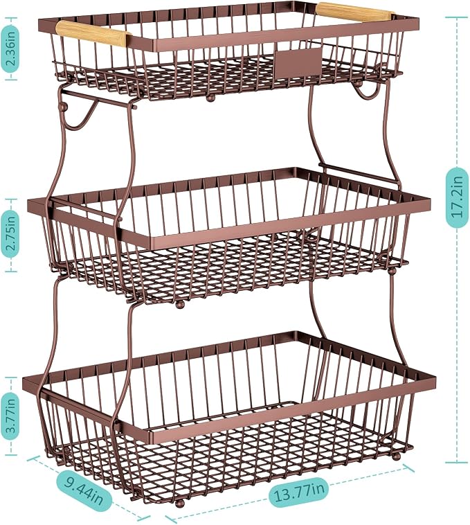 3 Tier Fruit Basket for Kitchen Counter with 2 Banana Hangers, Countertop Metal Fruit Bowl with Wooden Handle, Large Storage Stand for Vegetables, Snacks, Breads, Produce Storage – Brown
