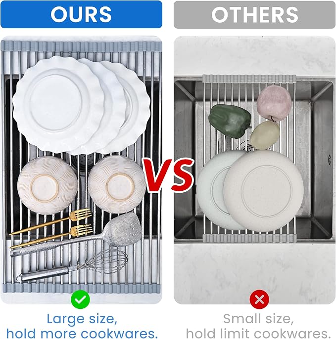 Roll Up Dish Drying Rack Over the Sink 12.5"-21.6" Expandable | 304 Stainless Steel Foldable Sink Drying Rack, Dish Drainer for Kitchen Sink, Dish Dryer Rack Mat for Kitchen Counter, Gray
