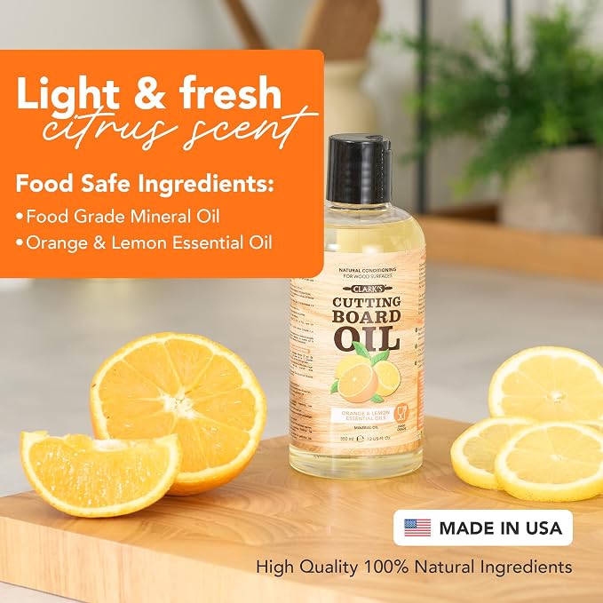 Cutting Board Oil 12 oz, Food Grade Mineral Oil added Orange Lemon Scent | Mineral Oil for Wood Cutting Boards, Butcher Blocks, Utensils, Lubricant for Knives. Soak for 2-3 Hours for Optimal Finish