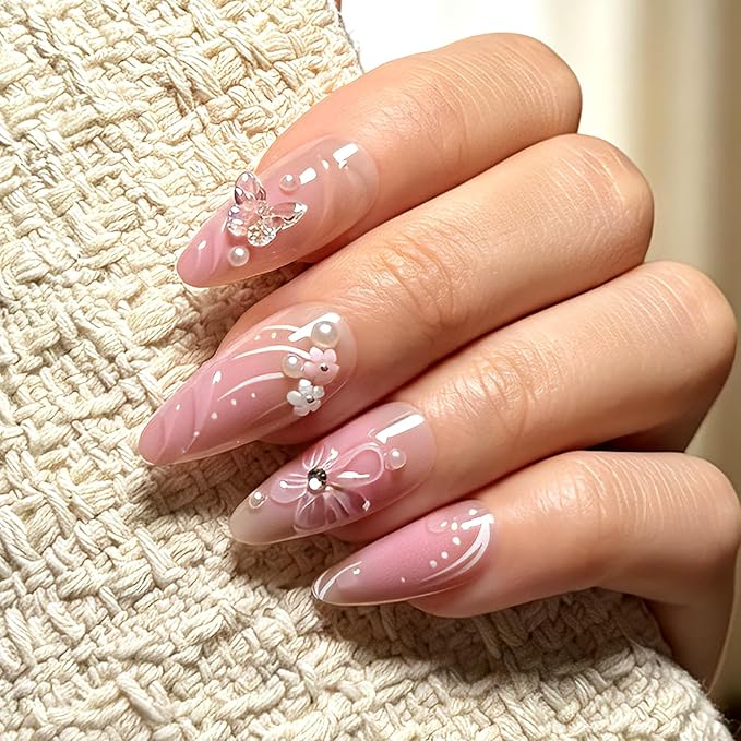 Press on Nails, 6 Packs (144 Pcs) Medium Almond Sets, Wedding French | 6-Style 12 Sizes, Glossy, Salon Quality, Reusable Full Cover, Pink Green Flower & Extra Short French Fake Nails