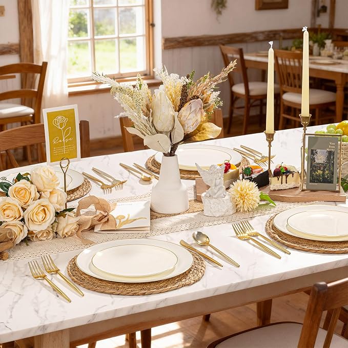 150Pcs Ivory Plastic Plates, Fancy Gold Plastic Plates Set for Party | Ivory Plates with Gold Rim,Ivory Disposable Plates Set Include 30 Dinner Plates,30 Dessert Plates,90 Plastic Silverware Set