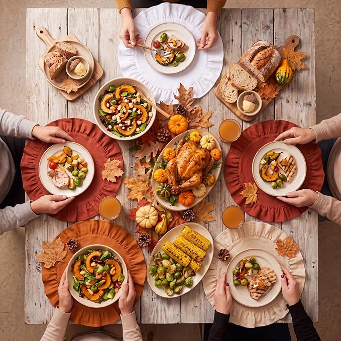 Set of 6 Fall Placemats Orange Round Ruffled Table Placemats 15 Inch Fabric Vintage Farmhouse Boho Rustic Circle Mat for Fall Thanksgiving Harvest Halloween Party Supplies Table Decorations