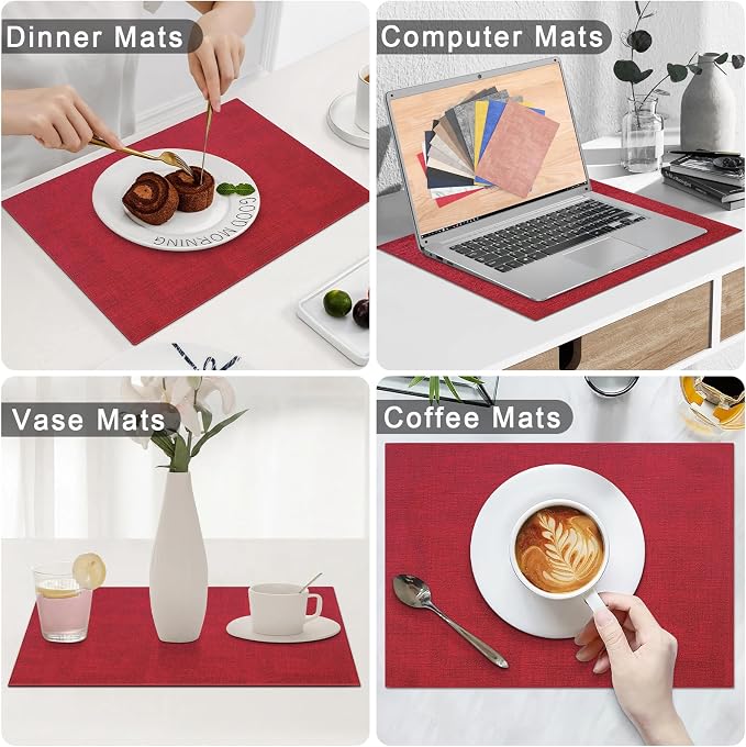 Homaxy PU Faux Leather Placemats for Dining Table, Set of 12, Red | Waterproof Wipeable Washable Table Mats, Easy to Clean Anti-Slip Place Mats, 11.8" x 17"