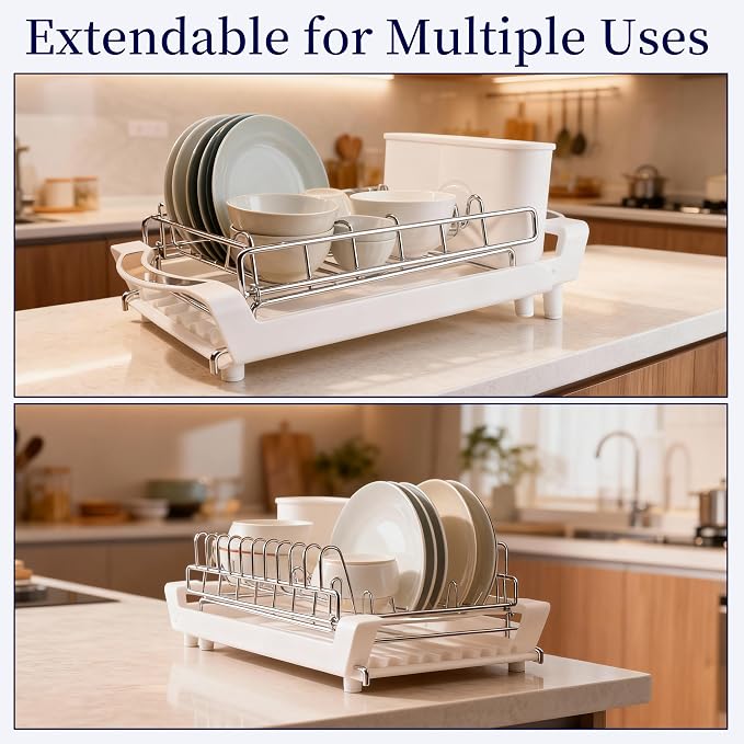 Dish Drying Rack Compact Expandable - A Space-Saving, Stainless Steel, Rust-Resistant Dish Drainer for Kitchen and Apartment Countertops/Sink Cabinets, Extendable from 11.42 to 19.9 inches (White)
