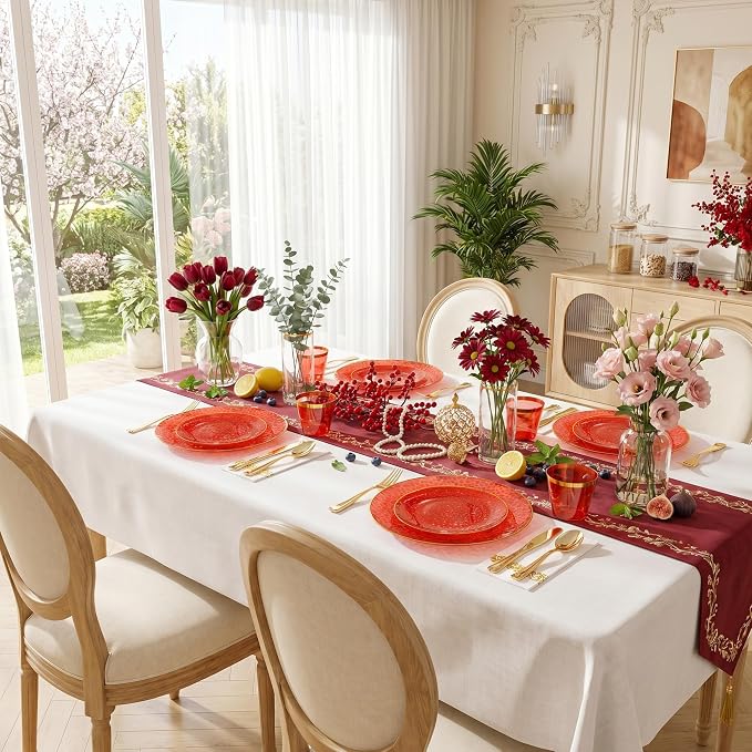 Rubtlamp 175 Pcs Plastic Dinnerware Set (25 Guests), Red And Gold Plastic Plates, Hammered Party Plates Set Include Dinner Plates, Dessert Plates, Cups, Cutlery Set And Napkins for Wedding And Party