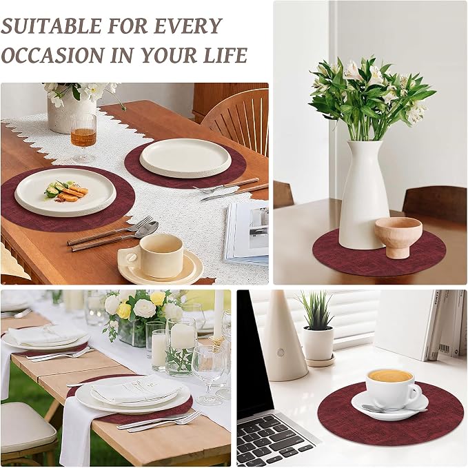 13" Round Placemats Set of 8, Reversible Faux Leather Wipeable Table Mats | 2mm Vinyl Heat Resistant, Waterproof Oilproof Scratch Proof Non-Slip, Washable for Kitchen Dining Indoor Outdoor (Burgundy)