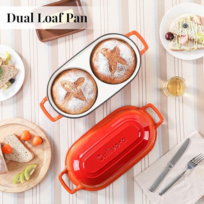 Cast Iron Bread Pan with Lid, Mini Enamel Sourdough Baking Dutch Oven Pot, Double Round Loaf Space for Homemade, Bread, Cake, Meatloaf, 16.5cm Diameter, 500°F Oven Safe, Non Stick, Orange