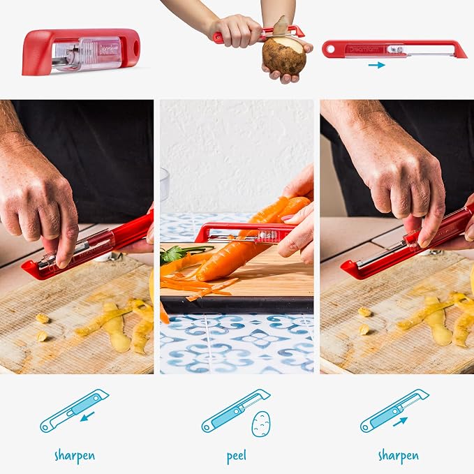 Dreamfarm Sharple Self-Sharpening Vegetable Peeler - Red | Ceramic sharpener in safety cover automatically hones stainless steel swivel blade, suitable for left & right handed use