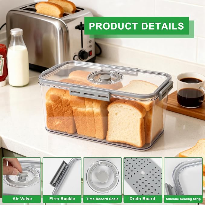 Tiawudi Plastic Bread Box for Kitchen Countertop, Airtight Bread Storage Container for Homemade Bread, Toast, Loaf, Bagel, Donut and Cookies, Time Recording Bread Keeper, Dishwasher Safe