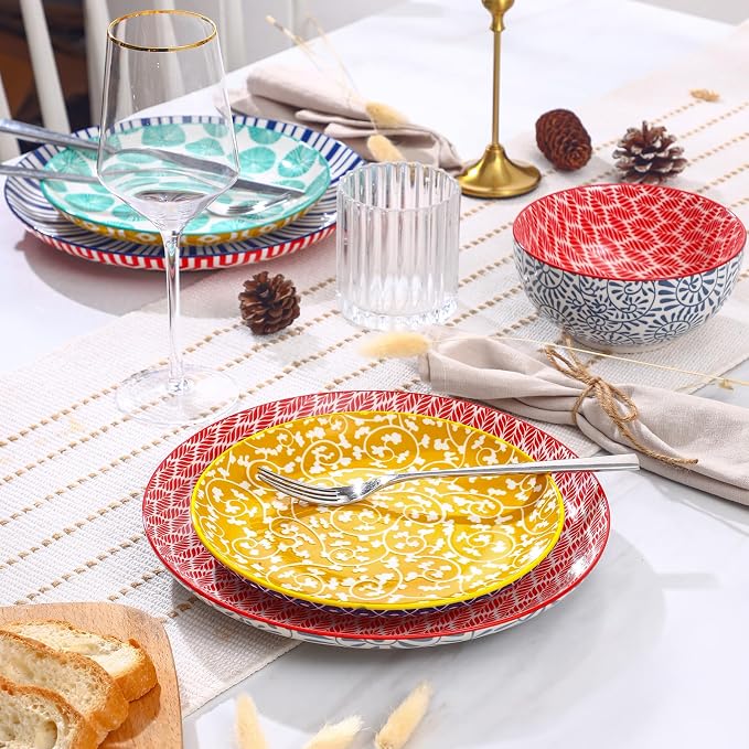 Selamica Ceramic Plates and Bowls Sets,18 Pieces Dinnerware Sets for 6,Dishwasher & Microwave Safe dish set,Family & Holiday Dining, Assorted Colors