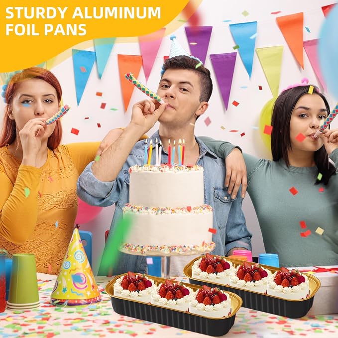 100 Pack 6.8 oz Rectangular Mini Loaf Pans with Lids and Spoons,Disposable Aluminum Foil Mini Cake Pans and Baking Tins with Sealing Stickers, Individual Black Dessert Containers for Parties