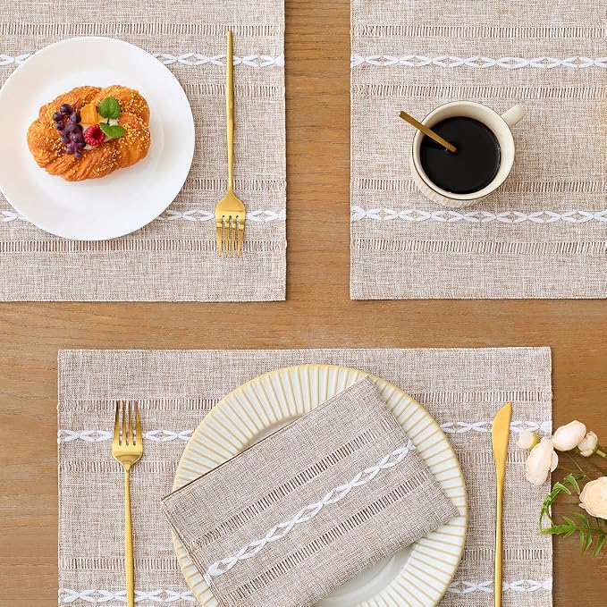 Wracra Cotton Linen Place Mats, Brown Embroidered Placemats Set of 8 | Placemats 12 x 18 Inch; Cotton Linen Woven Fabric; Heat Resistant Table Mats; Raised Embroidered Hollow Design