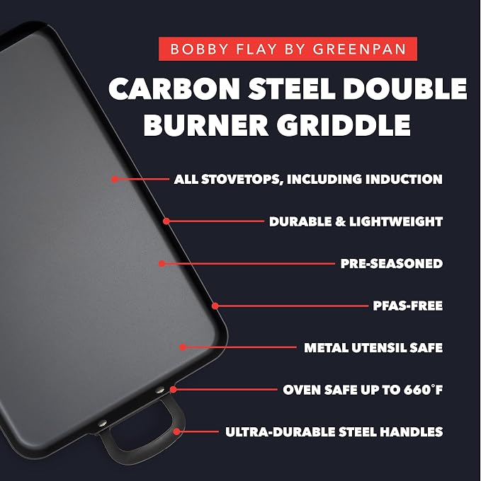 GreenPan x Bobby Flay 18" x 11" Pre-Seasoned Carbon Steel Double Burner Pan | Natural Nonstick with Use, Durable Cast Iron Alternative, Induction & All Stovetop Compatible, High Heat & Oven Safe to 660F