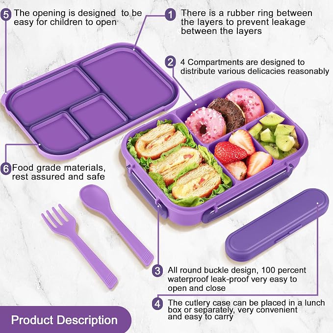 Amathley Lunch Box Kids,Bento Box Adult,Leakproof Lunch Containers for Adults/Kids/Toddler,1200ML-4 Compartments bento Lunch box with Utensil,Microwave & Dishwasher & Freezer Safe (Purple)